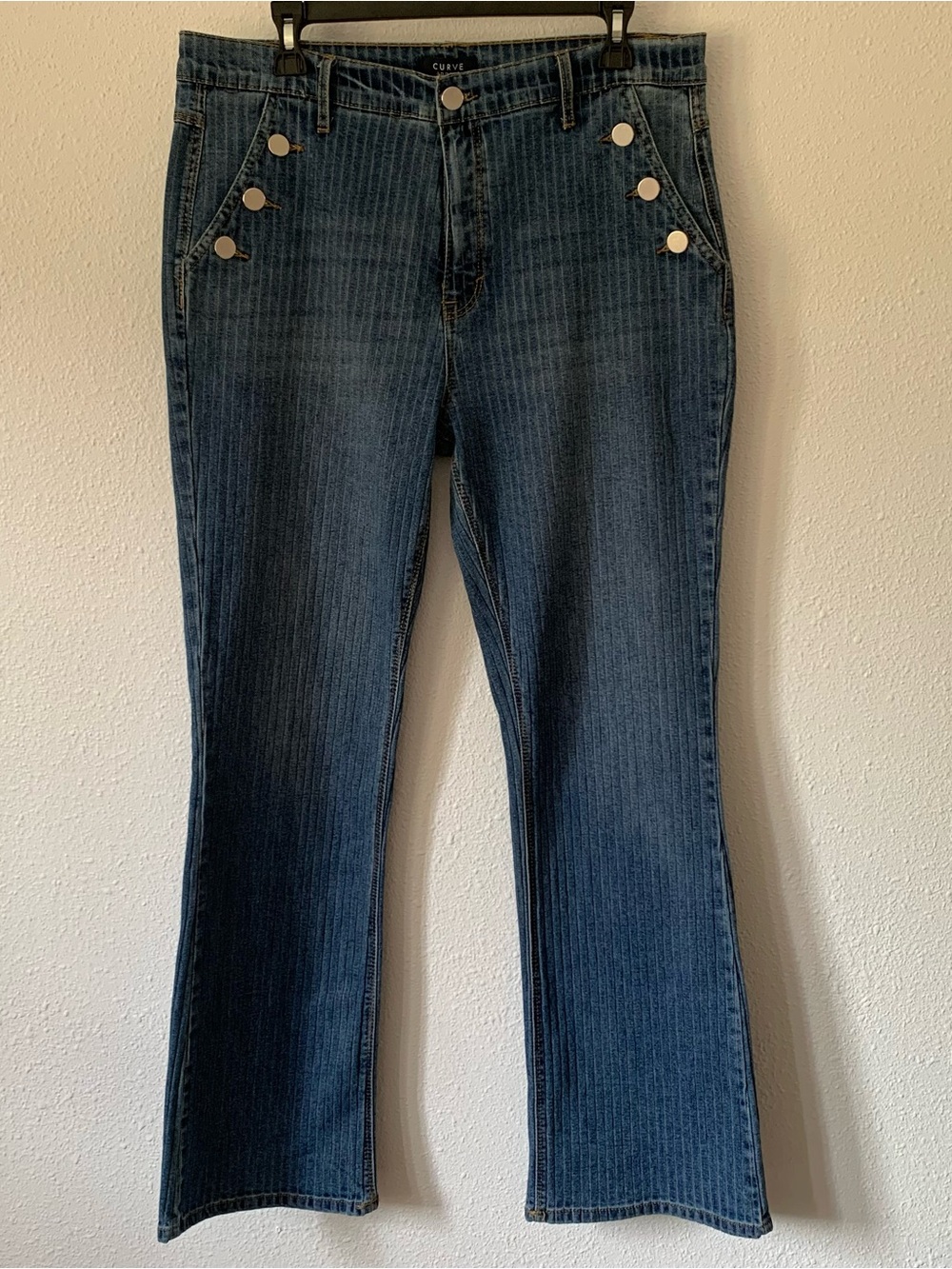 Curve Appeal High-Rise Blue Pinstripe Boot Cut Jeans with Sailor Buttons Size 14